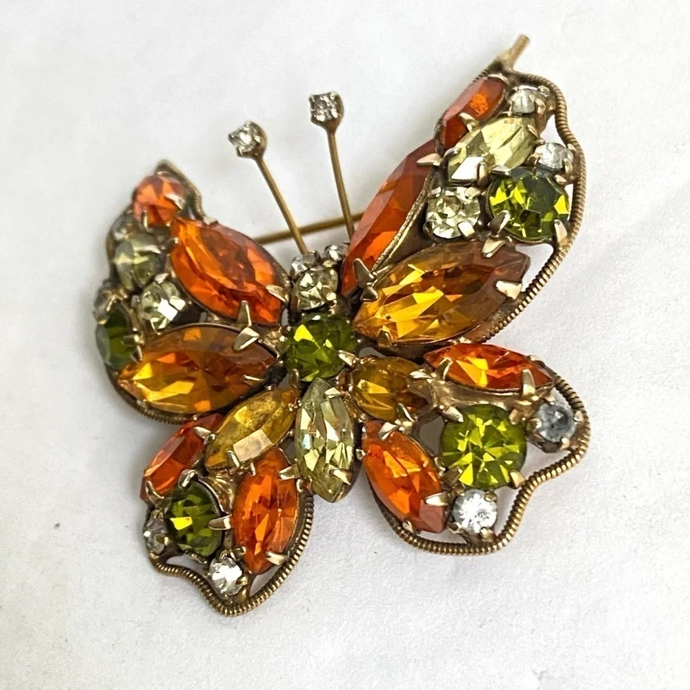 Vintage La Roco Butterfly Brooch Orange Green Rhinestone Pin Retro Estate Piece‎